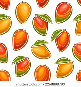 Vector Mango Seamless Pattern, square repeating background with cut out illustration of ripe mango with green leaves for wrapping paper, group of flat lay juicy yummy mango fruits for home interior