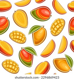 Patrón de mango sin costura vectorial, fondo de repetición cuadrado con ilustración de corte de mango maduro con carne de corte para papel de envoltura, grupo de jugosos y planos frutos de mango pelado para el interior del hogar