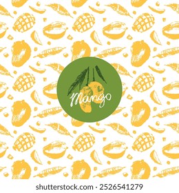 Vector mango seamless pattern. Tropical fruit drawings. Color sketches of organic mangoes. Banner with tropical fruits. Exotic fruit ornament. Asian Mangos background. Label template.