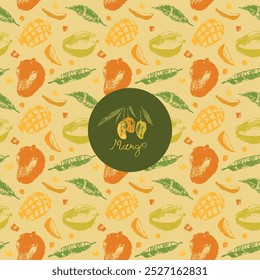 Vector mango seamless pattern. Tropical fruit drawings. Color sketches of organic mangoes. Banner with tropical fruits. Exotic fruit ornament. Asian Mangos background. Label template.