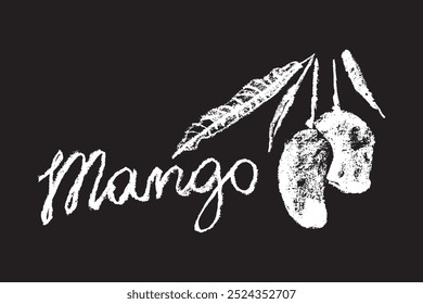 Vector mango symbol. Charcoal drawing. Organic Mango sign. Tropical fruit symbol. Black sketch of Exotic fruit. Hand lettering Mangoes emblem. Asian Mangos fruit illustration. Carabao mango doodles.