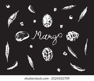 Vector mango symbol. Charcoal drawing. Organic Mango sign. Tropical fruit symbol. Black sketch of Exotic fruit. Hand lettering Mangoes emblem. Asian Mangos fruit illustration. Carabao mango doodles.
