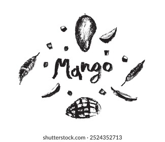 Vector mango symbol. Charcoal drawing. Organic Mango sign. Tropical fruit symbol. Black sketch of Exotic fruit. Hand lettering Mangoes emblem. Asian Mangos fruit illustration. Carabao mango doodles.