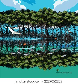 Vector: Mangrove trees and marine animal habitats.