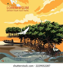 Vector: Mangrove trees and marine animal habitats.