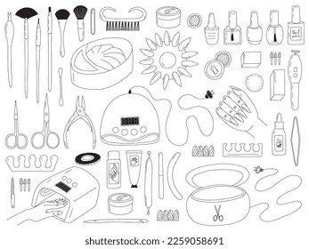 Vector manicure equipments set. Hand drawn different kinds of manicure and pedicure tools set. 