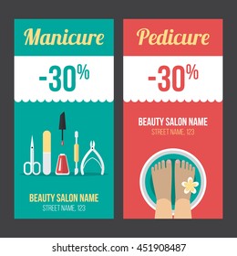 Viajero de manicura vectorial y descuento de pedicura, cupón, cupón, póster o banner. Estilo plano. Eps 10.