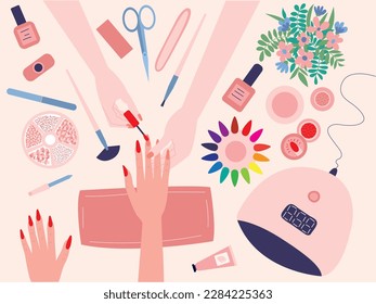 Vector manicure process flat style top view illustration. Manicure in nail salon with tools on table. 
