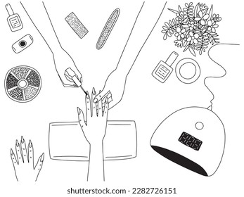 Vektorgrafik-Farbseiten-Illustration für Maniküre. Handgezeichneter Manikürsalon verarbeitet Draufsicht, Vektorgrafik.