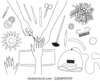 Vektorgrafik-Farbseiten-Illustration für Maniküre. Handgezeichneter Manikürsalon verarbeitet Draufsicht, Vektorgrafik.