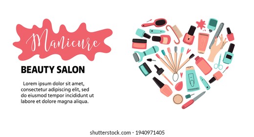 Vector manicure tools banner. Concept of beauty salon, nail design. Doodle vector illustration