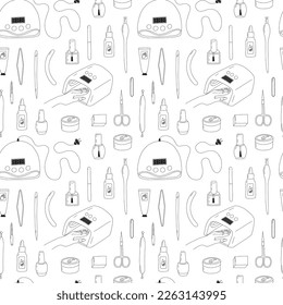 Vector manicure tools seamless pattern. Hand drawn manicure and pedicure equipment on white background