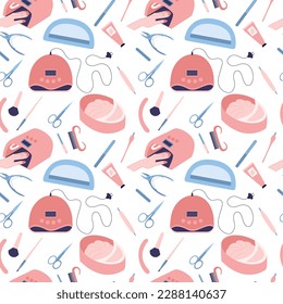 Vector manicure tools seamless pattern. Different manicure salon instruments pattern. UV lamp, scissors and nail polish vector illustration