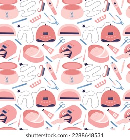 Vector manicure tools seamless pattern. Different manicure salon instruments pattern. UV lamp, scissors and nail polish vector illustration