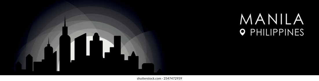 Vector Manila, Stadtbild-Banner auf den Philippinen. Schwarz-Weiß-Plakatprofilbild für Kopf- und Fußzeile