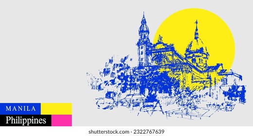 Vector Manila, Philippines drawing postcard. Manila Cathedral, Intramuros, Manila Philippines, Southeast Asia. Artistic travel sketch in vibrant colors. Modern hand drawn touristic poster illustration