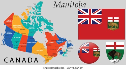 Vector of Manitoba coat of arms, flag and map. Great for Canadian-themed projects, education, regional identity, and official government designs.