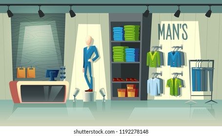 Vector mans clothing shop - wardrobe with suits, cartoon mannequin in costume and stuff on hangers. Cashbox with table inside boutique, dress collection. Male fashion store with illumination in mall