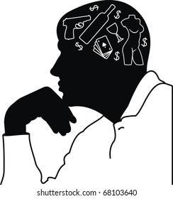 Vector Man's dreams and thoughts - black male silhouette - grotesque illustration isolated  on white background.