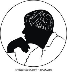 Vector Man's dreams and thoughts - black male silhouette in circle - grotesque illustration isolated  on white background.