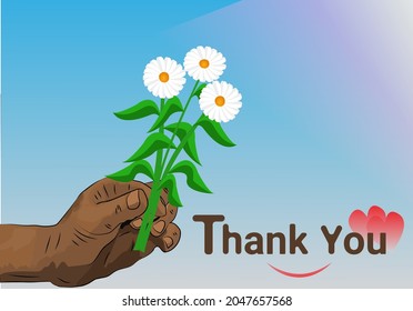 Vector of a man's hand offering flowers as a gift or love. A symbol of gratitude and thanks giving. Illustration of Thank you card