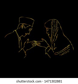 Vector Manual Draw, Outline Handshaking Islam Man and Woman, Golden Outline at Black
