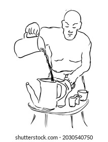 Vector Manual Draw Sketch, Baldy muscle man, preparing drink
