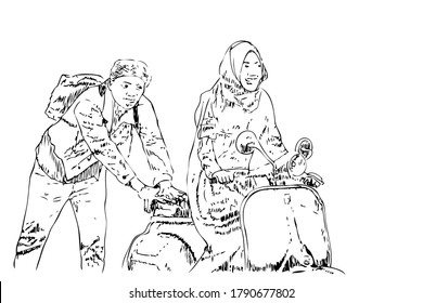 Vector Manual Draw Sketch, Man Pushing His Broken Down Motorcycle

