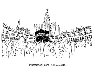 Vector Manual sketch of Kaaba with islame people, muslim & muslimah doing thawaf at Mecca Saudi Arabia at white background
