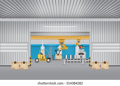Vector of manufacturing production or food process industry with box, can, raw or meat and automated machine i.e. conveyor belt, production line, robot inside factory plant. Include forklift, worker.