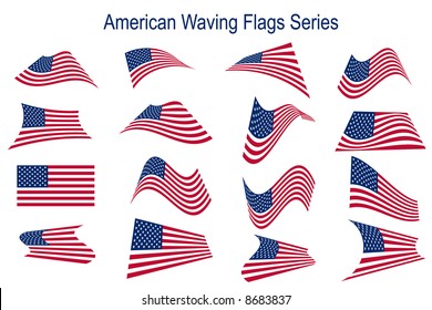 Vector - Many American USA flags waving in different styles for banner or icon use.
