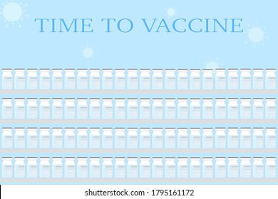 Vector - Many bottle vaccines on shelf on blue background. Injection for Coronavirus (Covid-19), Sars, Mers. Healthcare, medical concept.