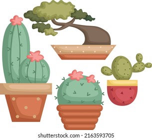 
a vector of many Cactuses and a bonsai tree