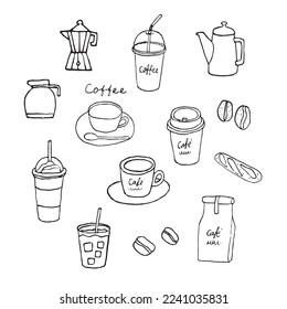 Vector many of coffee set. Drip coffee maker. Decorative art elements for cafe menu layout design. Graphic food icons collection. Freehand drawn linear drawing.