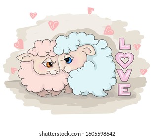 vector many cute lambls with a ball of wool love