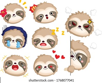 a vector of many face and emotions of a sloth