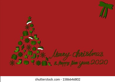 Vector Many green things combined into Christmas tree on red background.