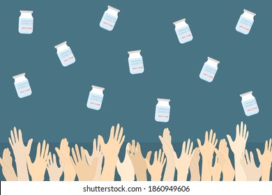 Vector - Many hand want the vaccine for Coronavirus (Covid-19). Flu, Antivirus. Healthcare, medical concept. 