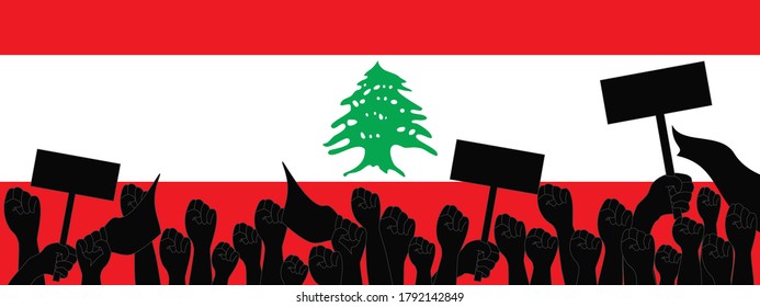 Vector - Many hands raised arm fist, holding empty wood on Lebanon flag background. Protestor. Aggressive, Anti concept. Copy space.