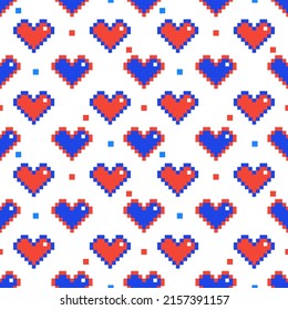 Vector - Many hearts on white background. Pixel image. Blue, red, white color. Can be use for print, paper, wallpaper, wrapping, fashion, fabric, card.