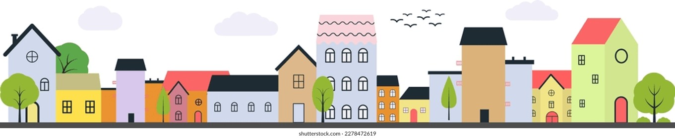 Vector many houses of different colors and trees around eps 10. Vector village with several storey and one storey houses, small trees planted around the houses eps 10