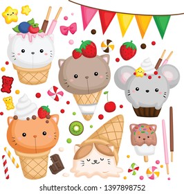 
a vector of many ice cream with cute cat on top