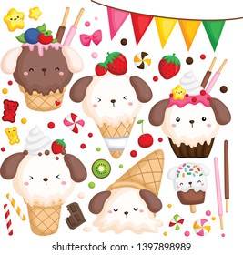 a vector of many ice cream with cute dog on top