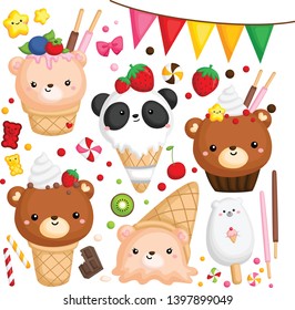 a vector of many ice cream with cute bear on top