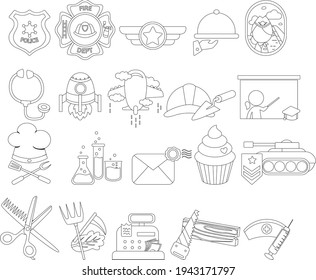 a vector of many jobs icons and badges in black and white