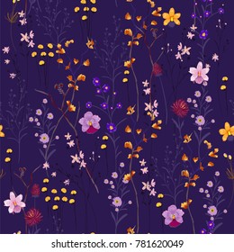 Vector many kind of dark  wild flowers seamless beautiful on dark blue color background, pattern for fashion and all prints on hand drawing style.