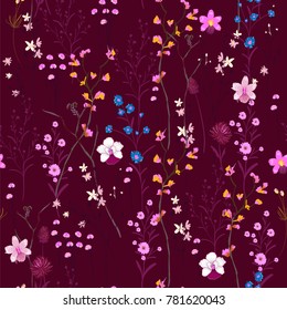 Vector many kind of wild flowers seamless beautiful on maroon color background, pattern for fashion and all prints