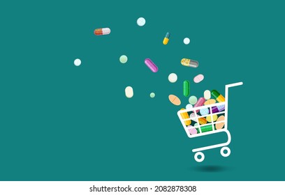 vector many multicolored pills and pills flying into the basket, medication shopping concept