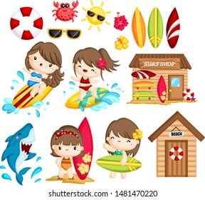 a vector of many object and activities related to woman surfing