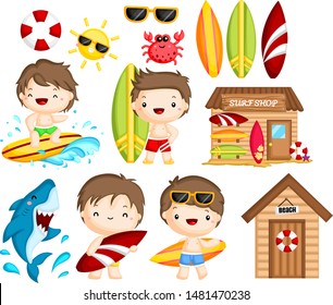 
a vector of many object and activities related to man surfing